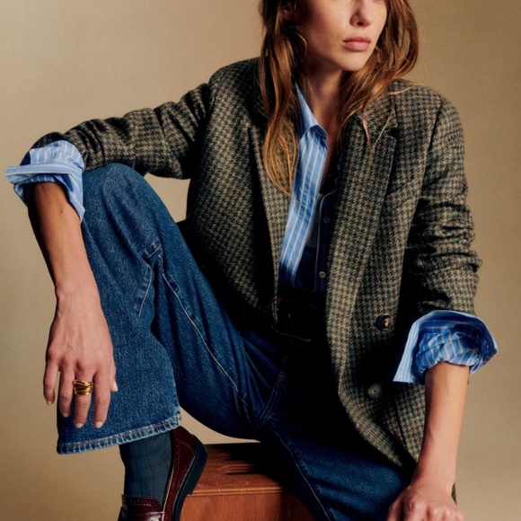 Sezane Houndstooth Blazer in Brown and Blue - Picture 2 of 7
